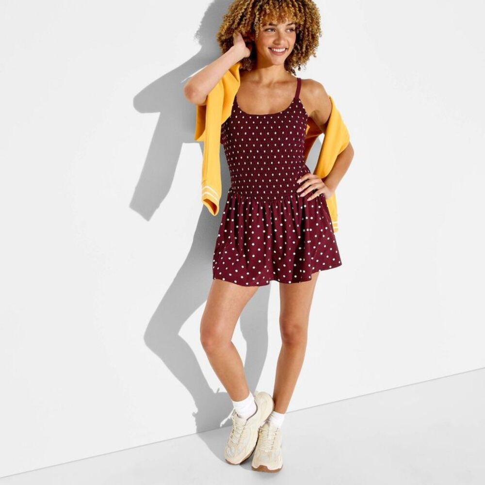 Women's Polka Dot Smocked Dress - JoyLab Maroon Polka Dot M